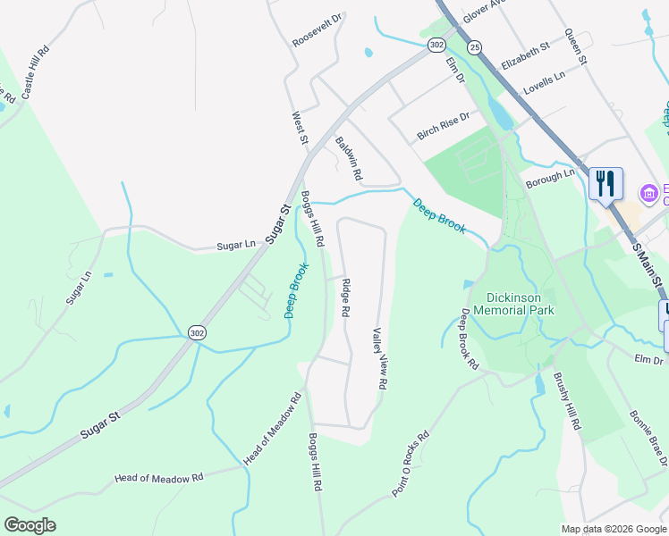 map of restaurants, bars, coffee shops, grocery stores, and more near 22 Ridge Road in Newtown