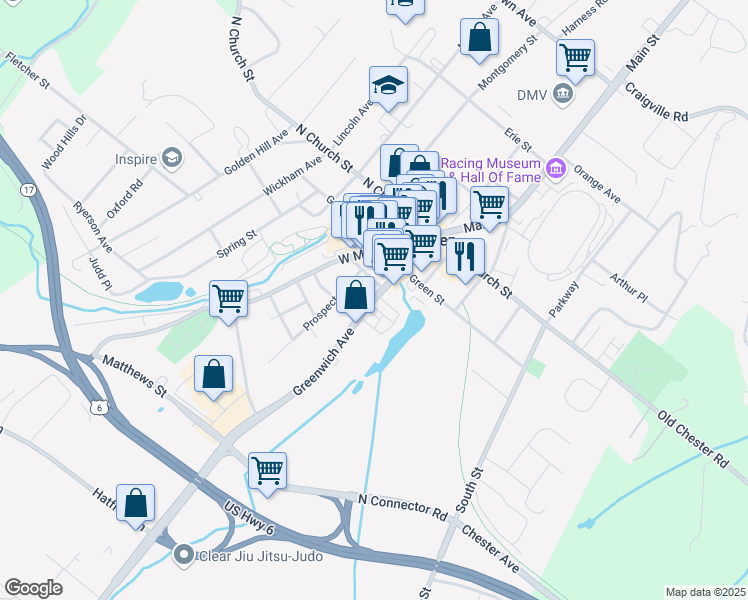 map of restaurants, bars, coffee shops, grocery stores, and more near 183 Greenwich Avenue in Goshen