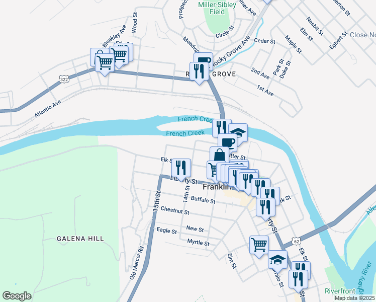 map of restaurants, bars, coffee shops, grocery stores, and more near 1415 Otter Street in Franklin