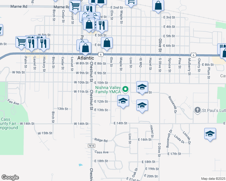 map of restaurants, bars, coffee shops, grocery stores, and more near 1010 Elm Street in Atlantic