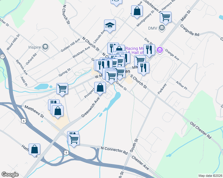 map of restaurants, bars, coffee shops, grocery stores, and more near 183 Greenwich Avenue in Goshen