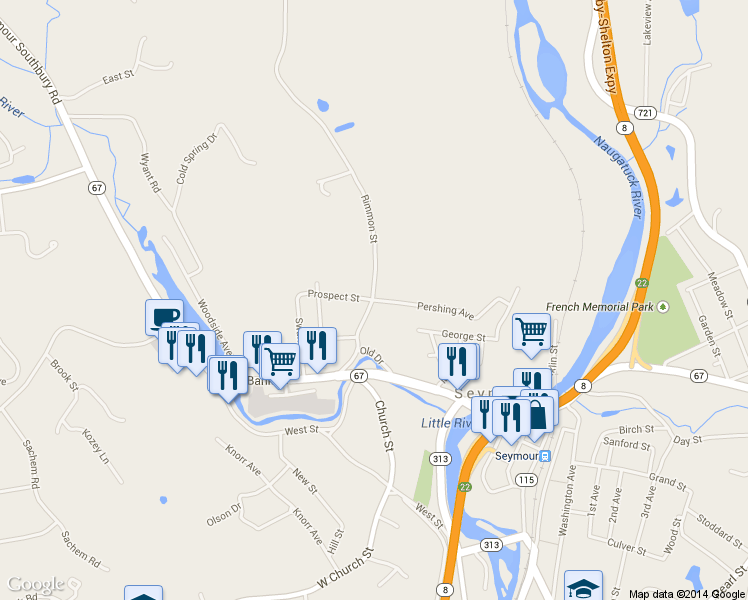 map of restaurants, bars, coffee shops, grocery stores, and more near 20 Pershing Avenue in Seymour