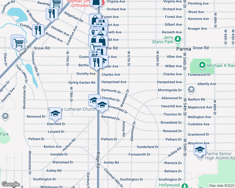 map of restaurants, bars, coffee shops, grocery stores, and more near 6823 Dartworth Dr in Parma
