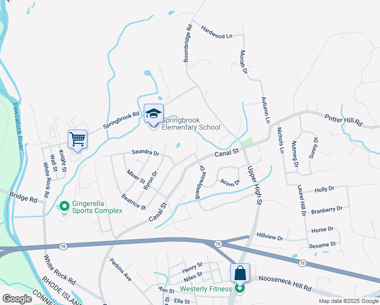 map of restaurants, bars, coffee shops, grocery stores, and more near 1 Ichabod Lane in Westerly