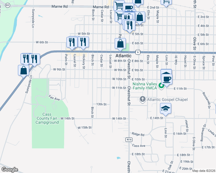 map of restaurants, bars, coffee shops, grocery stores, and more near 1011 Locust Street in Atlantic
