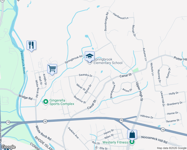 map of restaurants, bars, coffee shops, grocery stores, and more near 5 Saundra Drive in Westerly