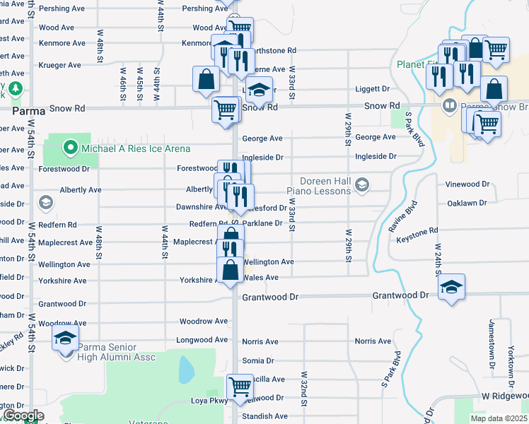 map of restaurants, bars, coffee shops, grocery stores, and more near 3324 Parklane Drive in Parma