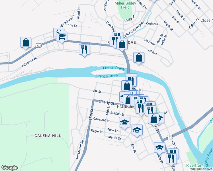 map of restaurants, bars, coffee shops, grocery stores, and more near 1415 Otter Street in Franklin