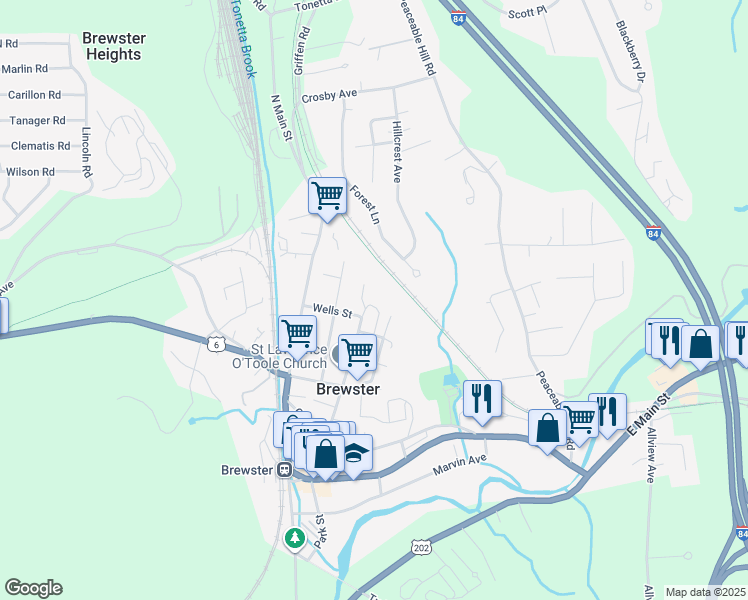 map of restaurants, bars, coffee shops, grocery stores, and more near 4 Wells Woods Lane in Brewster