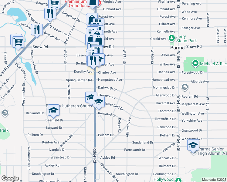 map of restaurants, bars, coffee shops, grocery stores, and more near 6823 Dartworth Drive in Parma