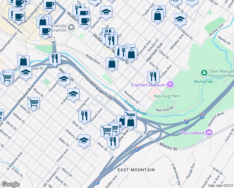 map of restaurants, bars, coffee shops, grocery stores, and more near Harrison Avenue Bridge in Scranton