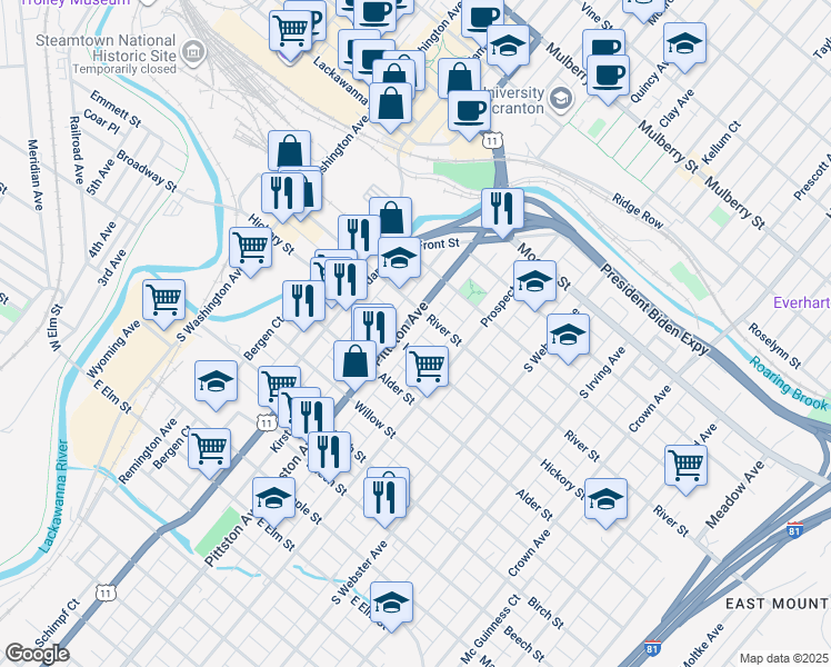 map of restaurants, bars, coffee shops, grocery stores, and more near 519 Hickory Street in Scranton