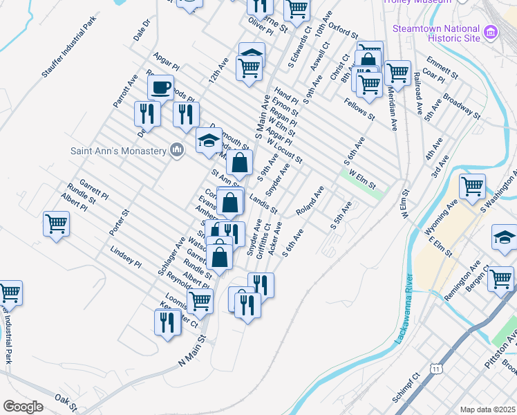 map of restaurants, bars, coffee shops, grocery stores, and more near 1121 South Main Avenue in Clarks Summit