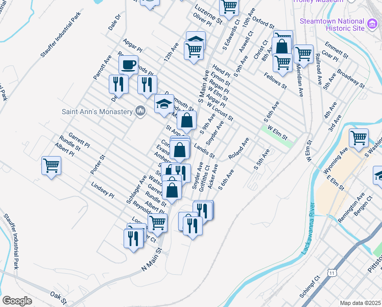 map of restaurants, bars, coffee shops, grocery stores, and more near 1121 South Main Avenue in Clarks Summit