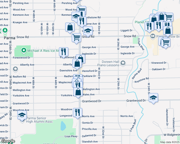 map of restaurants, bars, coffee shops, grocery stores, and more near 3324 Parklane Drive in Parma