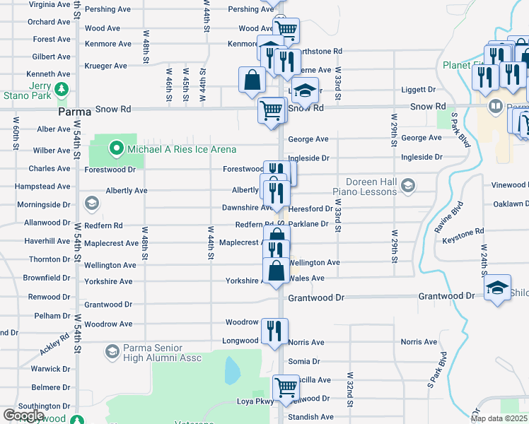 map of restaurants, bars, coffee shops, grocery stores, and more near 3702 Redfern Road in Parma