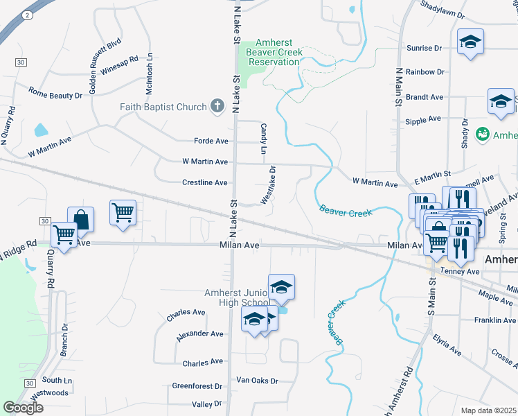 map of restaurants, bars, coffee shops, grocery stores, and more near 175 North Lake Street in Amherst