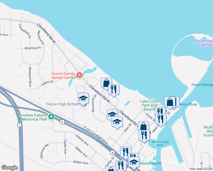map of restaurants, bars, coffee shops, grocery stores, and more near 549 Cleveland Road West in Huron