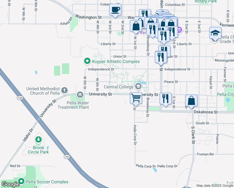 map of restaurants, bars, coffee shops, grocery stores, and more near 1008 University Street in Pella
