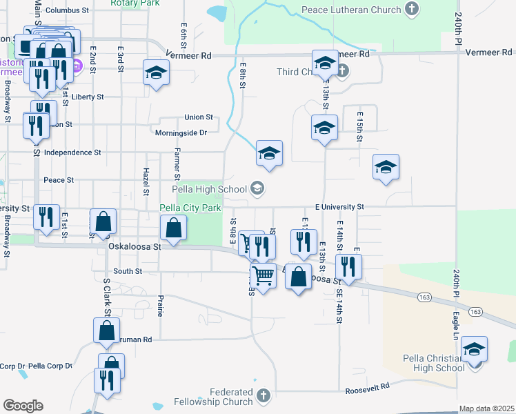 map of restaurants, bars, coffee shops, grocery stores, and more near 212 East University Street in Pella