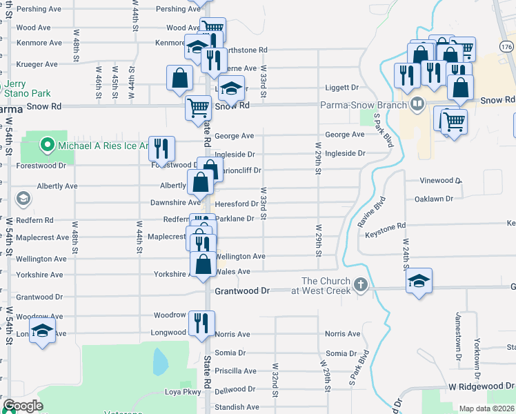 map of restaurants, bars, coffee shops, grocery stores, and more near 3324 Parklane Drive in Parma