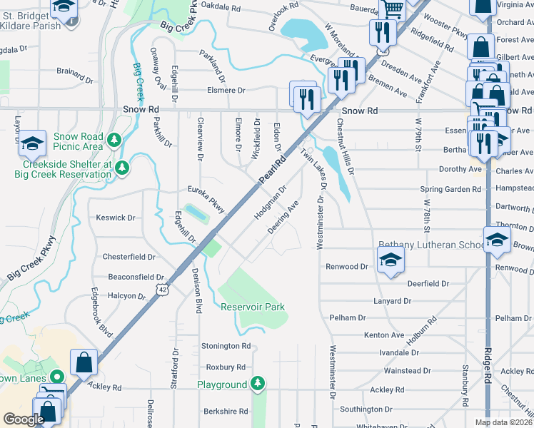 map of restaurants, bars, coffee shops, grocery stores, and more near 5965 Hodgman Drive in Parma Heights