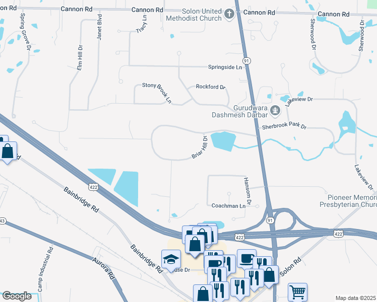map of restaurants, bars, coffee shops, grocery stores, and more near 5889 Briarhill Drive in Solon