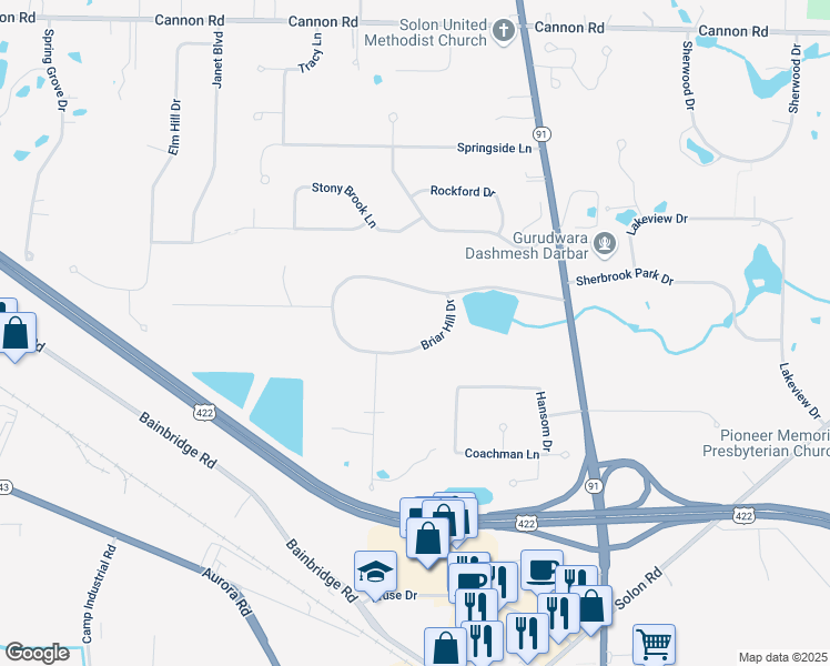 map of restaurants, bars, coffee shops, grocery stores, and more near 5889 Briarhill Drive in Solon