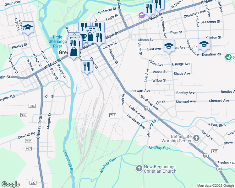 map of restaurants, bars, coffee shops, grocery stores, and more near 8 Park Avenue in Greenville