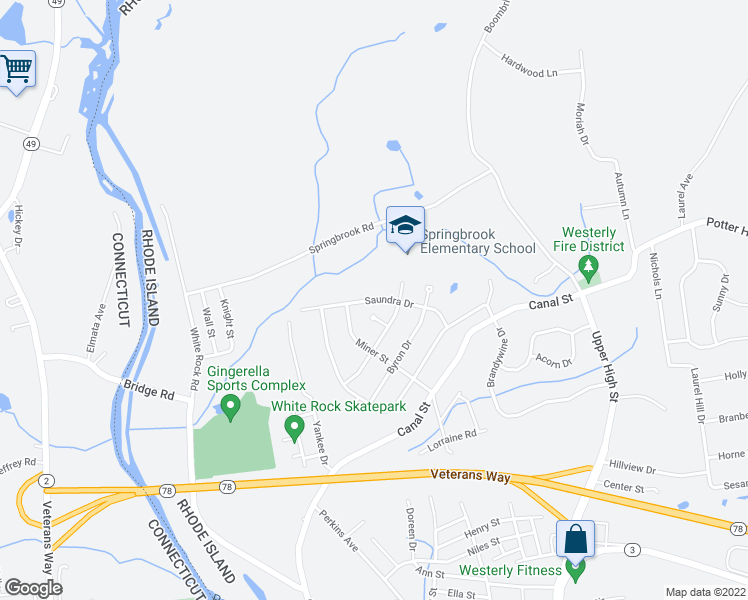 map of restaurants, bars, coffee shops, grocery stores, and more near 22 Saundra Drive in Westerly