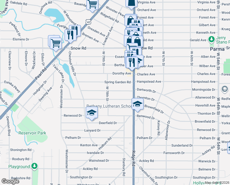 map of restaurants, bars, coffee shops, grocery stores, and more near 7515 Dartworth Drive in Parma