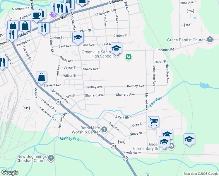 map of restaurants, bars, coffee shops, grocery stores, and more near 33 Bentley Avenue in Greenville