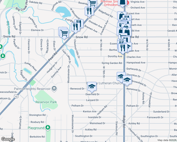 map of restaurants, bars, coffee shops, grocery stores, and more near 8119 Dartworth Drive in Parma