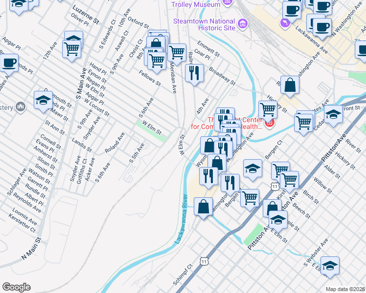 map of restaurants, bars, coffee shops, grocery stores, and more near 607 3rd Avenue in Scranton