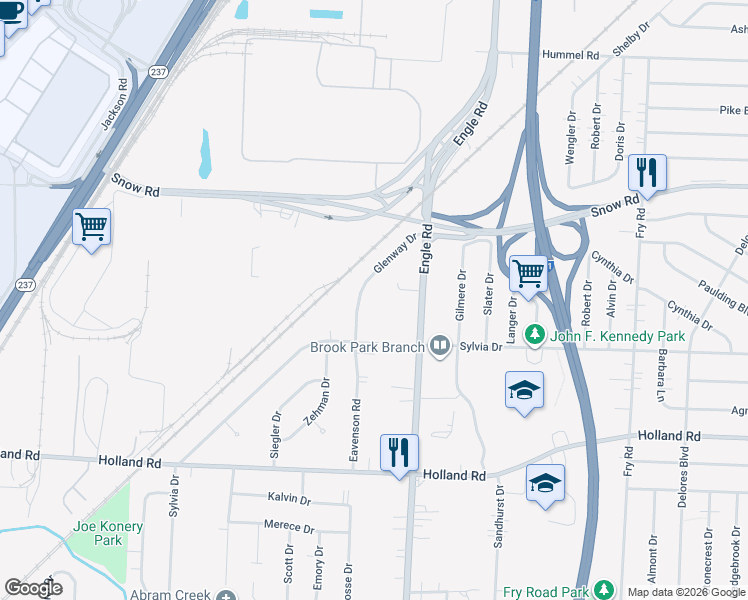 map of restaurants, bars, coffee shops, grocery stores, and more near 6055 Glenway Drive in Brook Park