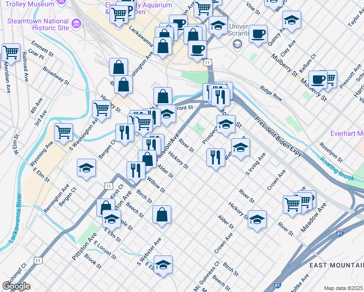 map of restaurants, bars, coffee shops, grocery stores, and more near 520 River Street in Scranton