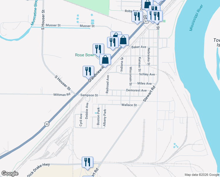 map of restaurants, bars, coffee shops, grocery stores, and more near 2110 Demorest Avenue in Muscatine