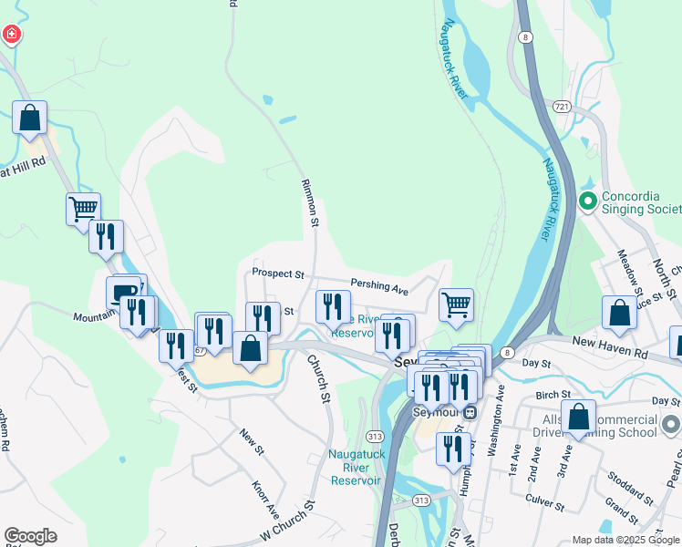 map of restaurants, bars, coffee shops, grocery stores, and more near 51 Pershing Avenue in Seymour