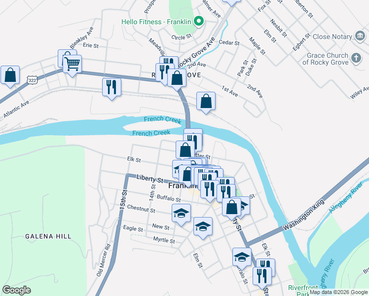 map of restaurants, bars, coffee shops, grocery stores, and more near 104 13th Street in Franklin