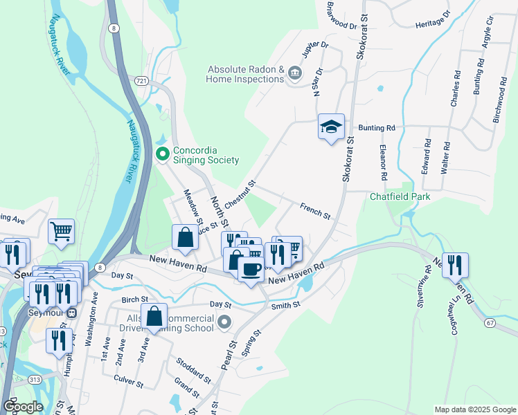 map of restaurants, bars, coffee shops, grocery stores, and more near 14 Chestnut Street in Seymour