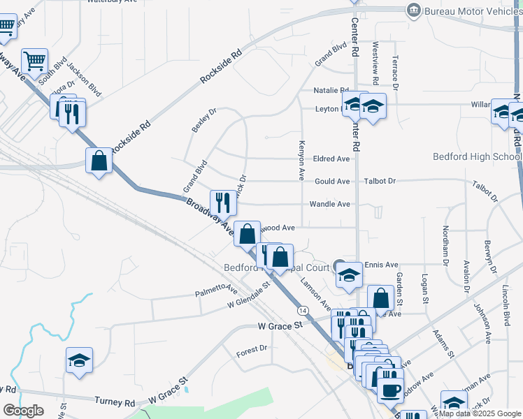 map of restaurants, bars, coffee shops, grocery stores, and more near 134 Wandle Avenue in Bedford