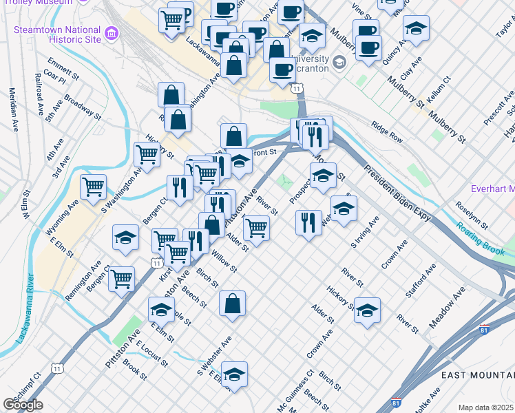map of restaurants, bars, coffee shops, grocery stores, and more near 514 River Street in Scranton
