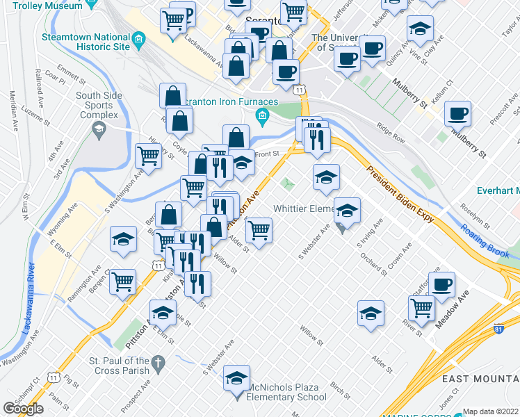 map of restaurants, bars, coffee shops, grocery stores, and more near 514 River Street in Scranton