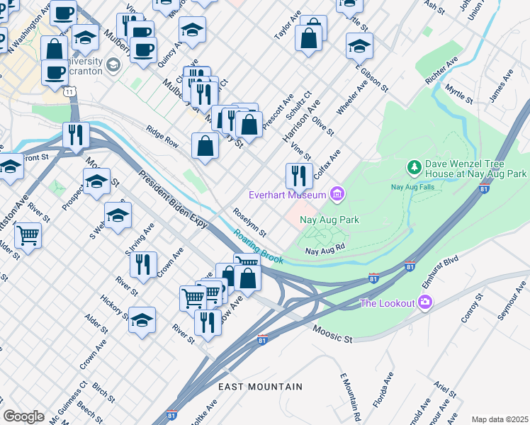 map of restaurants, bars, coffee shops, grocery stores, and more near 237 Colfax Avenue in Scranton