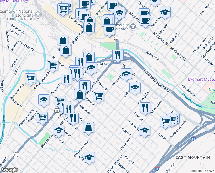 map of restaurants, bars, coffee shops, grocery stores, and more near 332 Prospect Avenue in Scranton