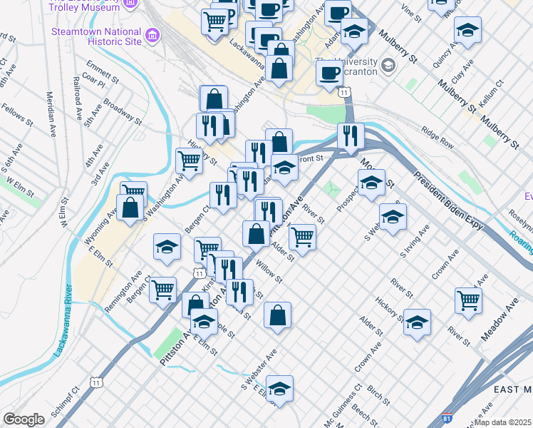 map of restaurants, bars, coffee shops, grocery stores, and more near 500 Pittston Avenue in Scranton
