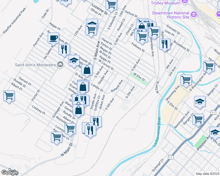 map of restaurants, bars, coffee shops, grocery stores, and more near 1018 Roland Avenue in Scranton