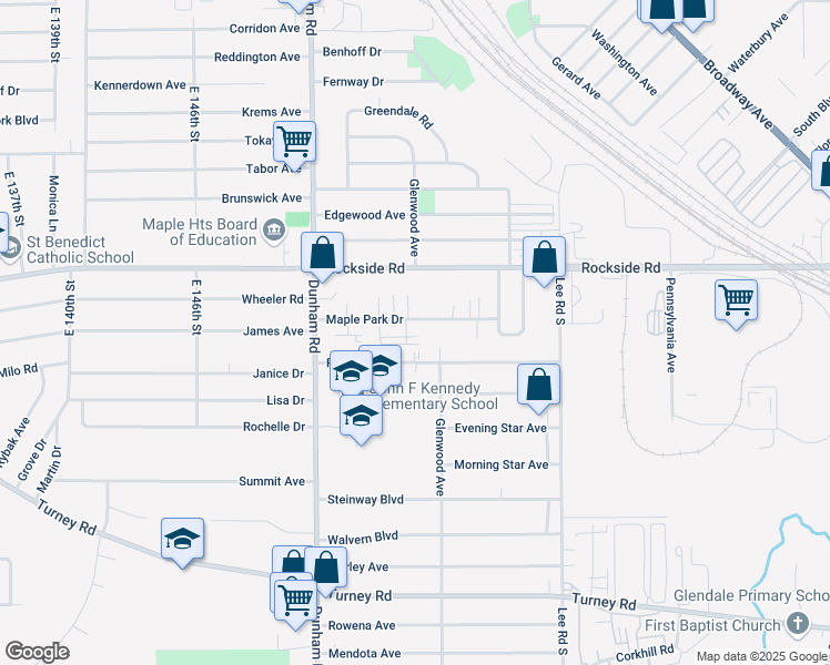 map of restaurants, bars, coffee shops, grocery stores, and more near 15412 Maple Park Drive in Maple Heights