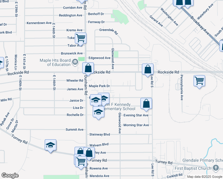 map of restaurants, bars, coffee shops, grocery stores, and more near 15412 Maple Park Drive in Maple Heights