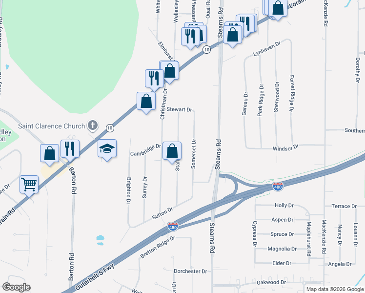 map of restaurants, bars, coffee shops, grocery stores, and more near 6223 Stafford Drive in North Olmsted